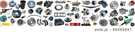Auto spare parts car on the white background. Set with many isolated items for shop or aftermarket.	 86989897
