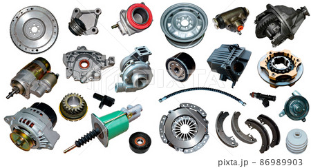 Auto spare parts car on the white background. Set with many isolated items for shop or aftermarket.	 86989903