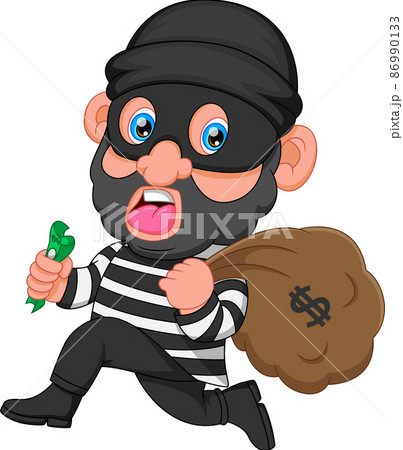 Thief cartoon carrying bag of money with a dollar sign 86990133