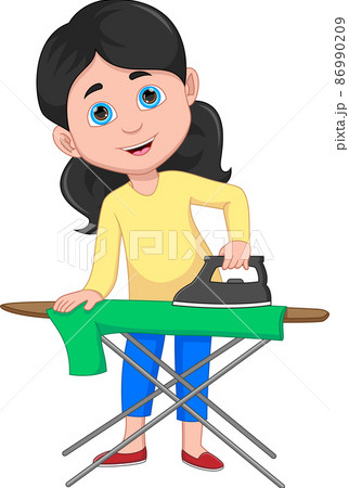 young girl ironing clothes cartoon 86990209