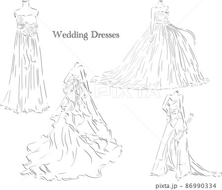 ウェディングドレス 種類セット 線画のイラスト素材