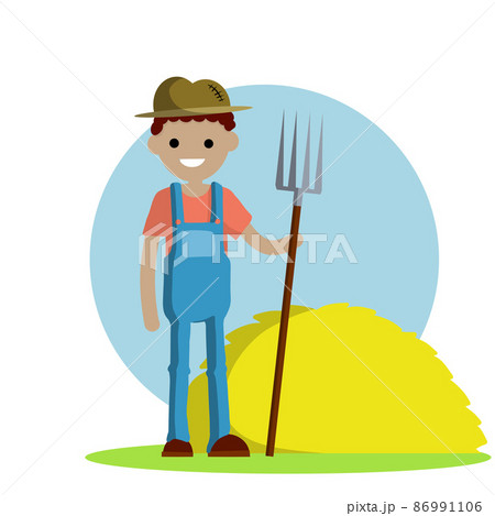 Farmer In Blue Jumpsuit And Hat With Fork In のイラスト素材 Farmer In Blue Jumpsuit And Hat With Fork In のイラスト素材