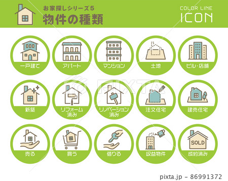 お家探しシリーズ5　物件の種類　カラーラインアイコンのセット 86991372