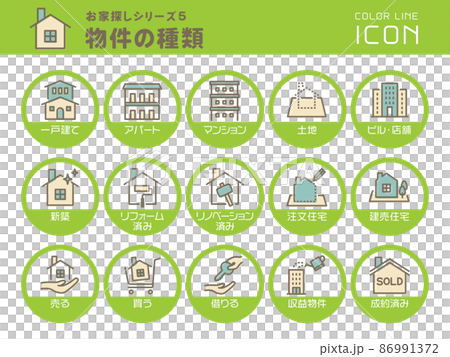 お家探しシリーズ5　物件の種類　カラーラインアイコンのセット 86991372