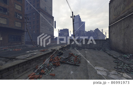 Post apocalyptic cityscape 3d illustration ruined buildings 86991973