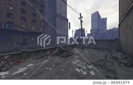 Post apocalyptic cityscape 3d illustration ruined buildings 86991974
