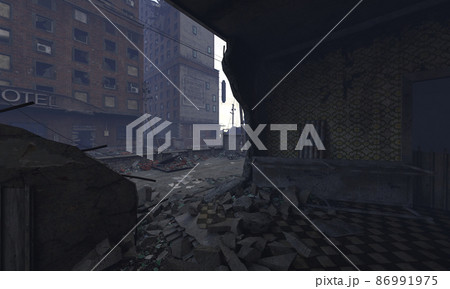 Post apocalyptic cityscape 3d illustration ruined buildings 86991975