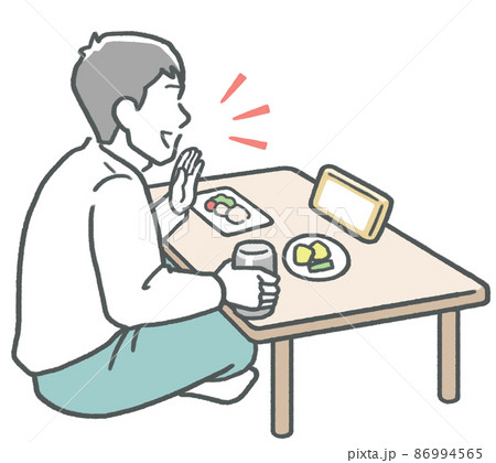 ご飯を食べながら 視聴者に向かってライブ配信をする 笑顔の男性のイラスト素材