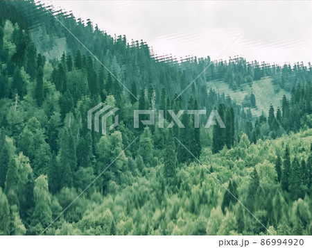 The green forest valley is reflected in the clear calm lake water. The green forest valley is reflected in the clear calm lake water. 86994920
