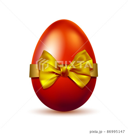 Realistic red Easter egg tied of golden ribbon with a big bow on white background Realistic red Easter egg tied of golden ribbon with a big bow on white background 86995147