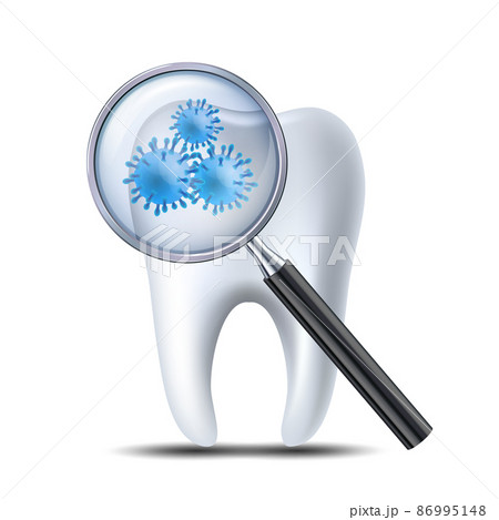 Icon check teeth at dentist. Tooth with a magnifying glass showing microscopic bacteria or viruses. Icon check teeth at dentist. Tooth with a magnifying glass showing microscopic bacteria or viruses. 86995148