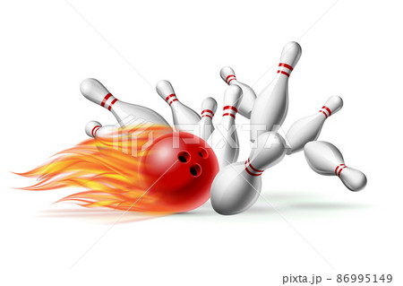 Red burning Bowling Ball in Flames crashing into the pins isolated on white. Illustration of bowling strike. Red burning Bowling Ball in Flames crashing into the pins isolated on white. Illustration of bowling strike. 86995149