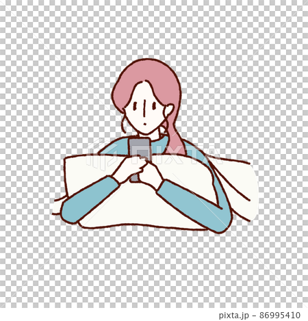 ベッドで寝転んでスマートフォンを使っている女性のイラスト 86995410
