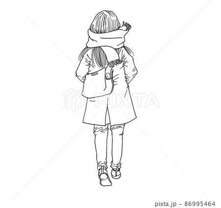 冬にマフラーを巻いて歩く女性の後ろ姿のイラスト素材