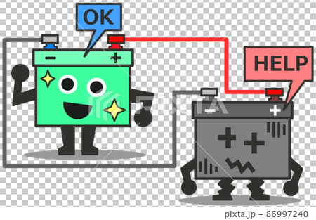 Illustration of connecting a defective battery with a cable and charging 86997240
