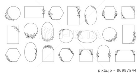 Floral frames. Minimalistic botanical borders with plant branches. Herbs and flowers. Calligraphy blossoms or leaves. Geometric outline elegant shapes. Vector decorative wreaths set 86997844