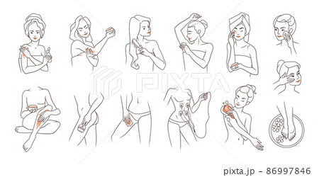 Skin and body care. Women characters apply lotion and cream on face, legs or hands. Spa procedure. Female using cosmetics. Person washing torso with sponge. Vector line art girls set 86997846