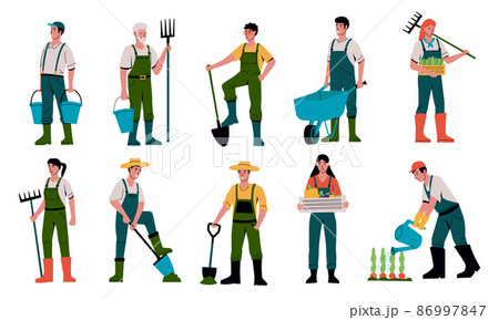 Farmer character. Agricultural workers with equipment working on farm and garden. Men digging ground or watering plants. Persons with buckets, shovels and rakes. Vector gardeners set 86997847
