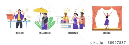 Characters with different temperament. Boys or girls with choleric, sanguine, phlegmatic, melancholic psychological type of mental individuality. Vector set of behavior classification Characters with different temperament. Boys or girls with choleric, sanguine, phlegmatic, melancholic psychological type of mental individuality. Vector set of behavior classification 86997887