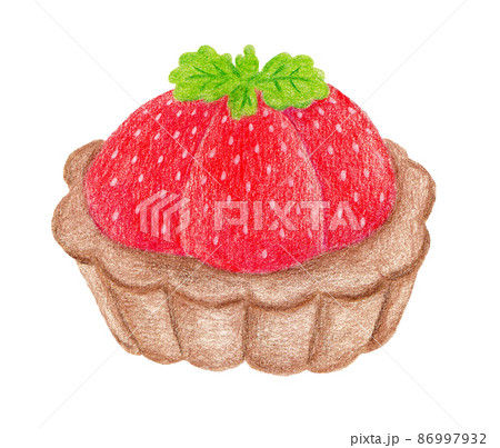 色鉛筆画のかわいいイチゴタルトケーキのイラスト素材 [86997932