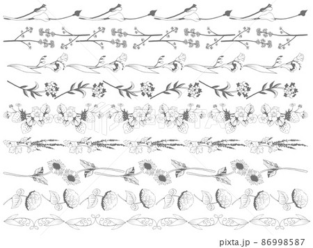 手描き線画のフローラルラインセット2（モノトーン） 86998587