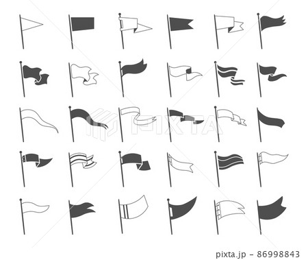 Flag logo. Black waving retro flag emblem, vintage simple banner shape. Vector vintage pennant badge set logo illustrations waving emblem flag Flag logo. Black waving retro flag emblem, vintage simple banner shape. Vector vintage pennant badge set logo illustrations waving emblem flag 86998843