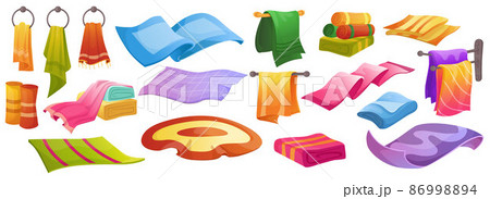 Blanket and rug. Cartoon kitchen and bathroom textile, cotton napkins, towels, handkrief rolled and in stacks. Vector set pattern decoration colorful isolated rugs,towel Blanket and rug. Cartoon kitchen and bathroom textile, cotton napkins, towels, handkrief rolled and in stacks. Vector set pattern decoration colorful isolated rugs,towel 86998894