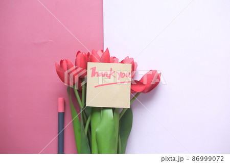 thank you message, e and tulip flower on color background thank you message, e and tulip flower on color background 86999072
