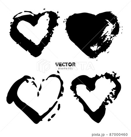 Vector Set of Brush Heart Love Black color on white background. Hand painted grange elements. Ink drawing. Dirty artistic design . Place for text, quote, information, company name. 87000460