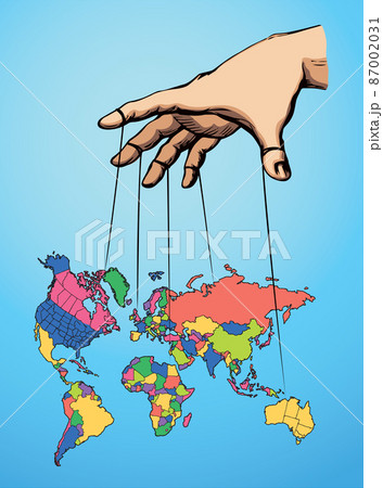 Man hand with a World map. Continents with contours of countries. Vector drawing 87002031