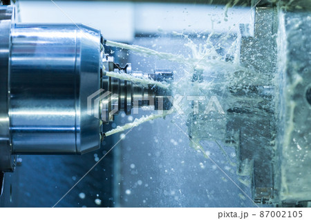 Vertical photo of industrial wet milling process with coolant flow under pressure and freezed splashes 87002105
