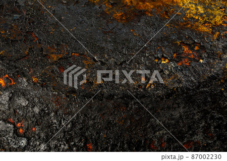 Bottom side of a cast iron pan with thicl layer of soot on it. Bottom side of a cast iron pan with thicl layer of soot on it. 87002230