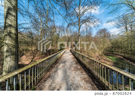 Straight lines of a deserted narrow pedestrian bridge over the valley of the Ossegem city park in Laeken Straight lines of a deserted narrow pedestrian bridge over the valley of the Ossegem city park in Laeken 87002624