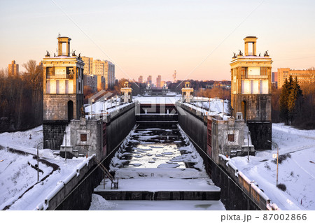 Floodgates on Moscow Canal at Moskva River in winter, Moscow, Russia Floodgates on Moscow Canal at Moskva River in winter, Moscow, Russia 87002866