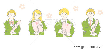 卒業式の男子高生と女子高生の上半身イラストセット 87003079