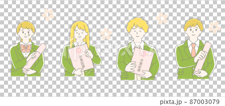 卒業式の男子高生と女子高生の上半身イラストセット 87003079