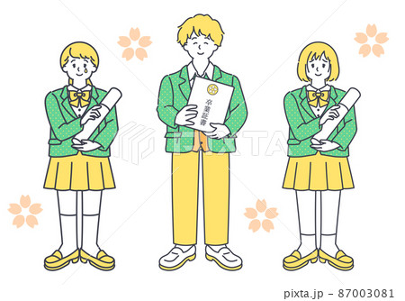 卒業式の男子高生と女子高生のシンプルな全身イラストセット 87003081