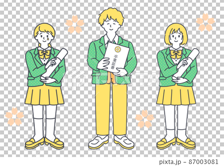 卒業式の男子高生と女子高生のシンプルな全身イラストセット 87003081