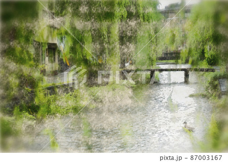 京都市東山区白川白川橋周辺をデジタル処理した水彩画 87003167