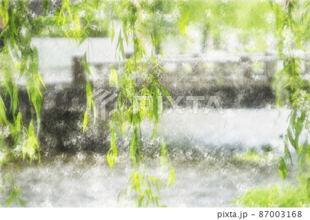 京都市東山区白川白川橋周辺をデジタル処理した水彩画 87003168