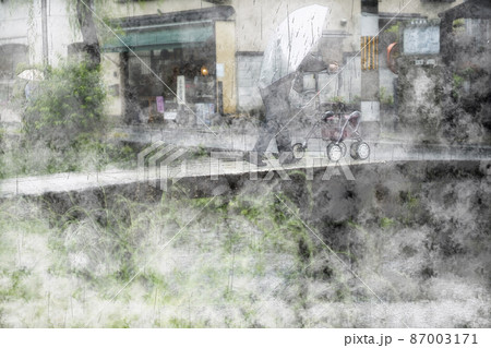 京都市東山区白川白川橋周辺をデジタル処理した水彩画 87003171