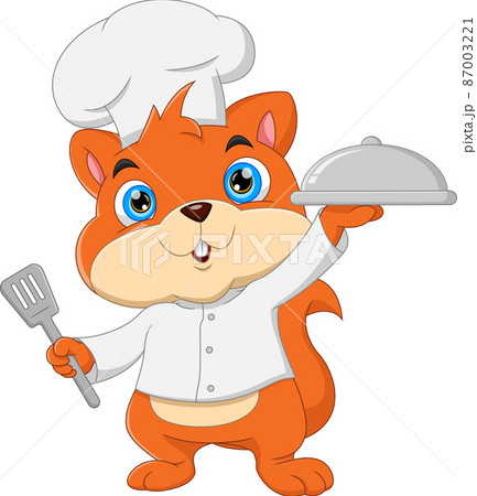 Cartoon Chef Squirrel Carrying Food Trayのイラスト素材