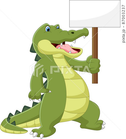 cartoon cute crocodile holding blank sign on white background 87003237