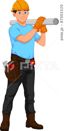 Cartoon Plumber boy posing with pipe Cartoon Plumber boy posing with pipe 87003320