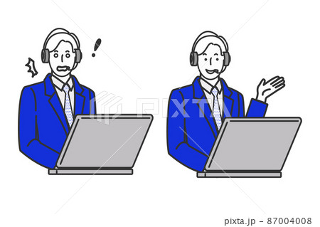 インカムマイクをつけた男性テレフォンオペレーターの上半身のイラスト表情セット 87004008