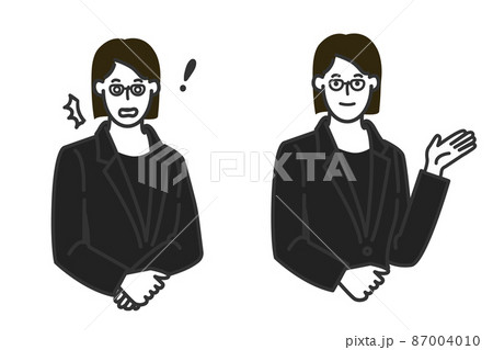 おかっぱのメガネとかけ喪服を着た穏やかそうな葬儀屋の女性職員表情のバリエーションセットの白バックのシ おかっぱのメガネとかけ喪服を着た穏やかそうな葬儀屋の女性職員表情のバリエーションセットの白バックのシ 87004010