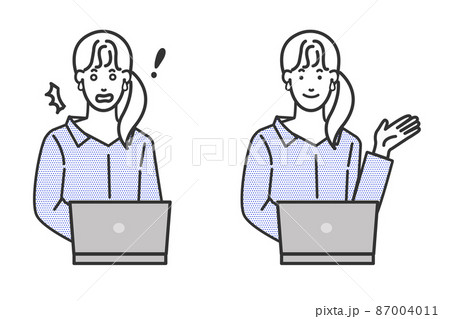 パソコンの前に座るフェミニンでおしゃれなアジア人女性の表情のバリエーションの白バックのシンプルな線画 87004011