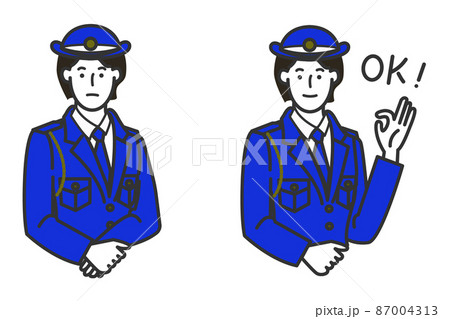 ボブヘアーの警察官の制服を着た穏やかそうな女性警察官の表情のバリエーションセットの白バックのシンプル 87004313