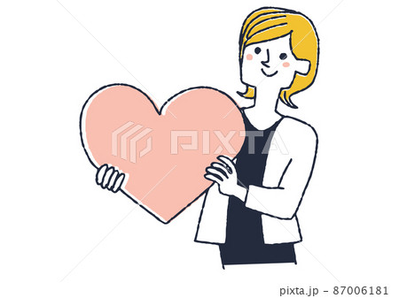 大きなハートを手に持つ女性　愛を共有する人々のコンセプトアート　コミカルな手書きの人物 87006181