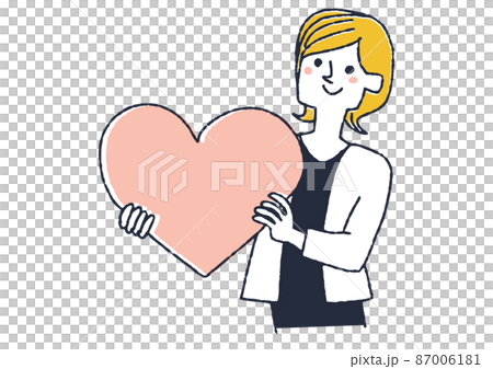 大きなハートを手に持つ女性　愛を共有する人々のコンセプトアート　コミカルな手書きの人物 87006181